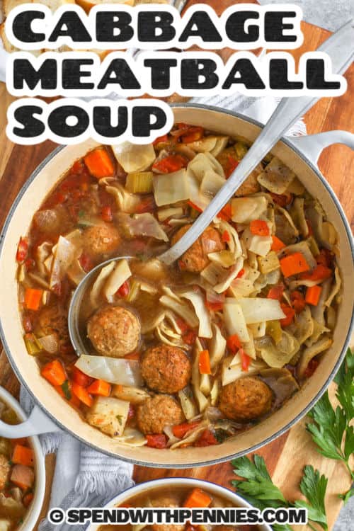 pot of Cabbage Meatball Soup with a ladle and a title