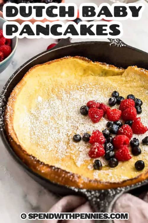 pan of Dutch Baby Pancakes with a title