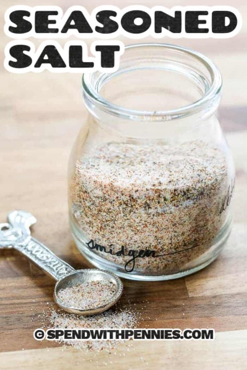 Make seasoned salt at home using garlic powder, paprika, onion powder, black pepper, and salt for a flavorful all-purpose blend. This mix is perfect for weeknight meals, from roasted potatoes to grilled chicken, and helps simplify seasoning with just one jar. It’s easy to customize and scales well for larger batches. Store it in a dry cupboard for a convenient seasoning that adds flavor fast. #spendwithpennies jar of Homemade Seasoned Salt with a title