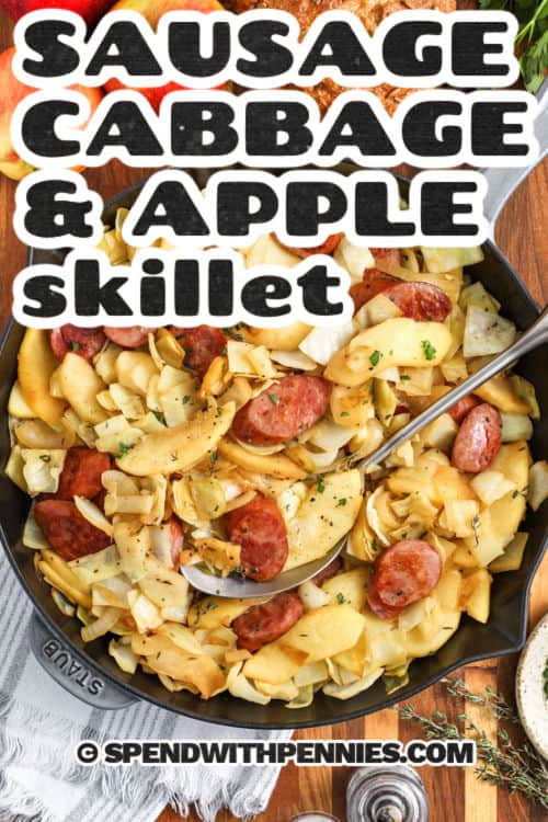 Sausage, Cabbage, and Apple Skillet in a pan with a spoon and a title