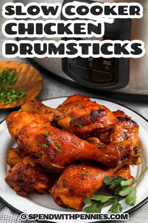 plate of bbq Slow Cooker Chicken Drumsticks with a title
