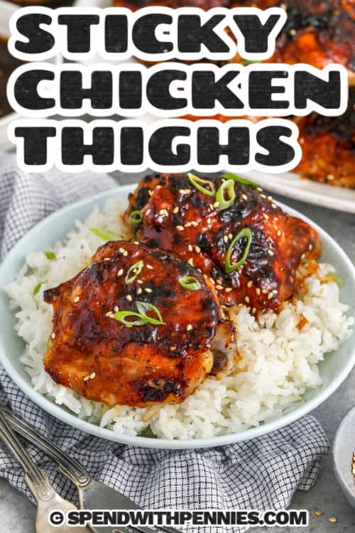 Enjoy this delicious sticky baked chicken thighs coated in a sweet and savory maple glaze that balances out with tang from apple cider vinegar. As the chicken roasts, the sauce reduces and clings to the skin, creating a flavorful finish without extra effort. This recipe uses simple ingredients and straightforward steps, making it the best for quick appetizers or weeknight dinners. The extra sauce adds moisture to leftovers and reheats beautifully. #spendwithpennies Sticky Chicken Thighs on rice and a title
