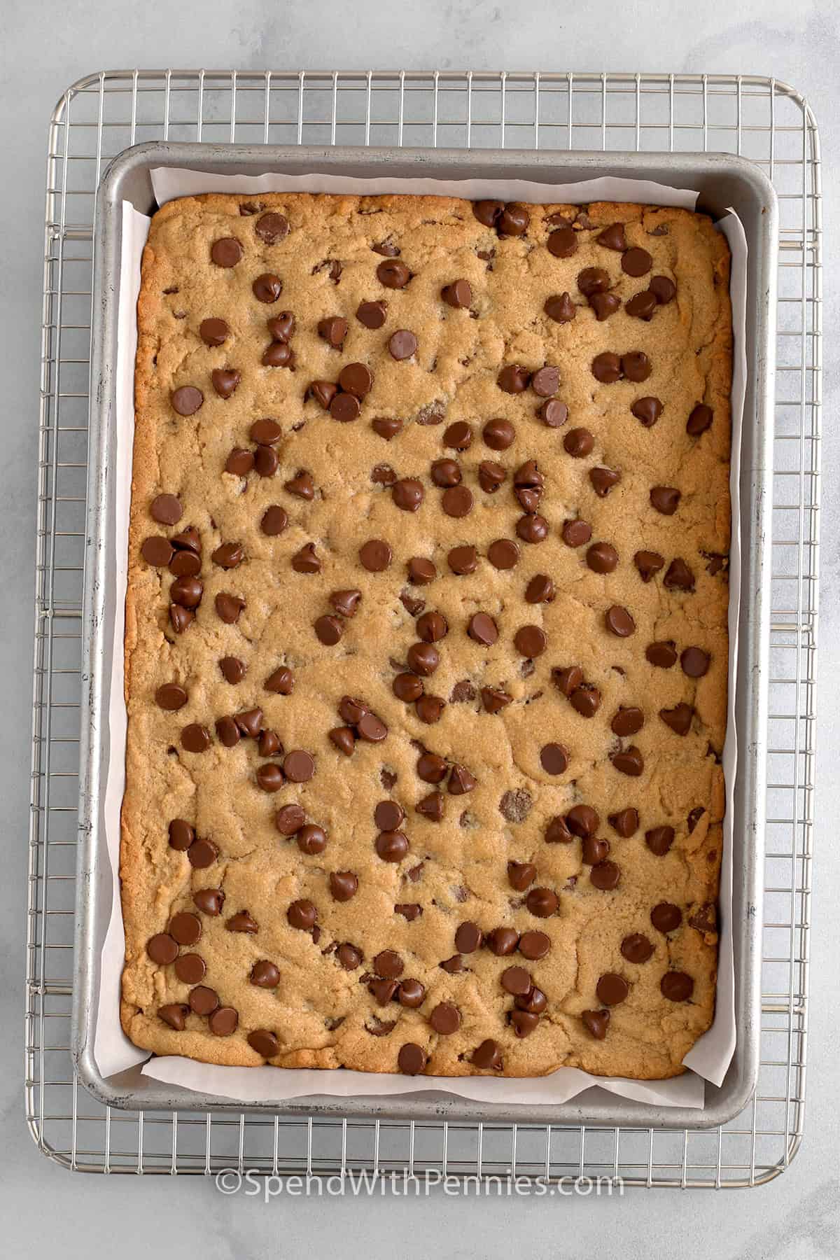 Peanut butter cookie bars in a 9x13-inch tray on a cooling rack.