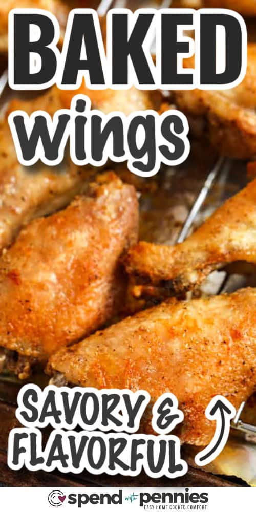 This crispy baked chicken wings recipe is a no-fry way to make crispy and crackly wings at home. A quick coating of flour, baking powder, seasoned salt, and pepper sets you up for browned, crunchy skin and tender meat. Baking on a rack keeps them crisp on all sides, and swapping foil if the pan smokes keeps cleanup super easy. Pick a sauce, add a dip, and dinner or appetizers are handled. #spendwithpennies savory and flavorful Actually Crispy Oven Baked Wings with writing