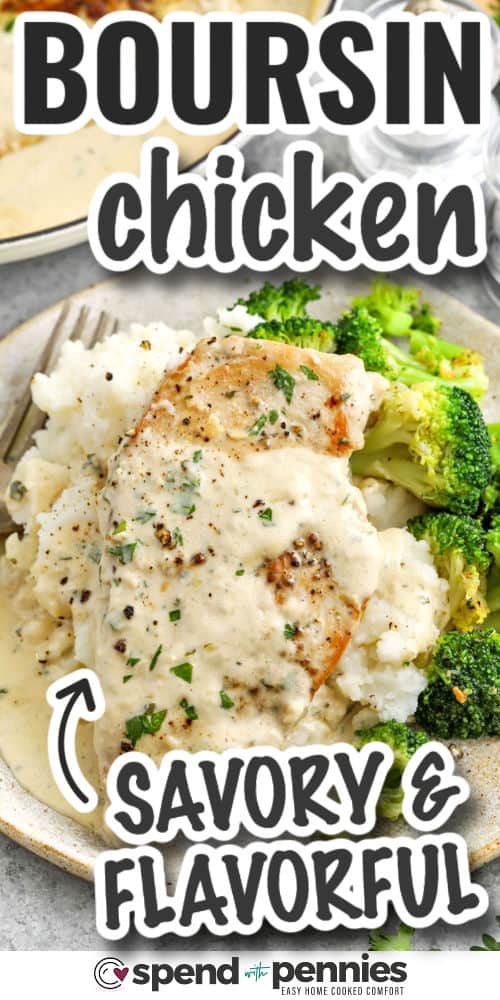 savory and flavorful Boursin Chicken with writing