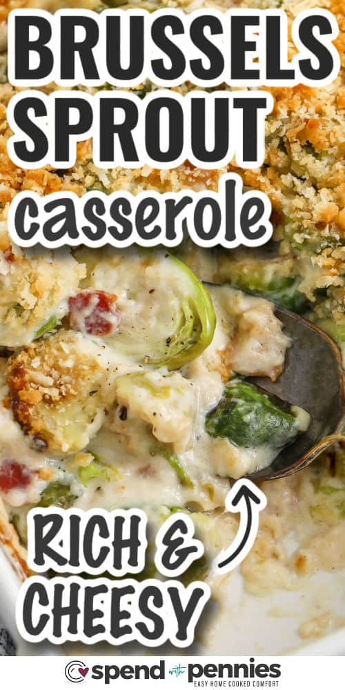This cheesy Brussel sprout casserole features tender sprouts coated in a smooth Gruyere sauce with smoky bacon and a crunchy cracker topping. It makes an excellent Christmas side dish because it delivers rich comfort without requiring complicated prep. The casserole can be assembled early, making holiday cooking easier while still giving you restaurant-quality flavor at home. #spendwithpennies rich and cheesy Brussels Sprout Casserole with writing