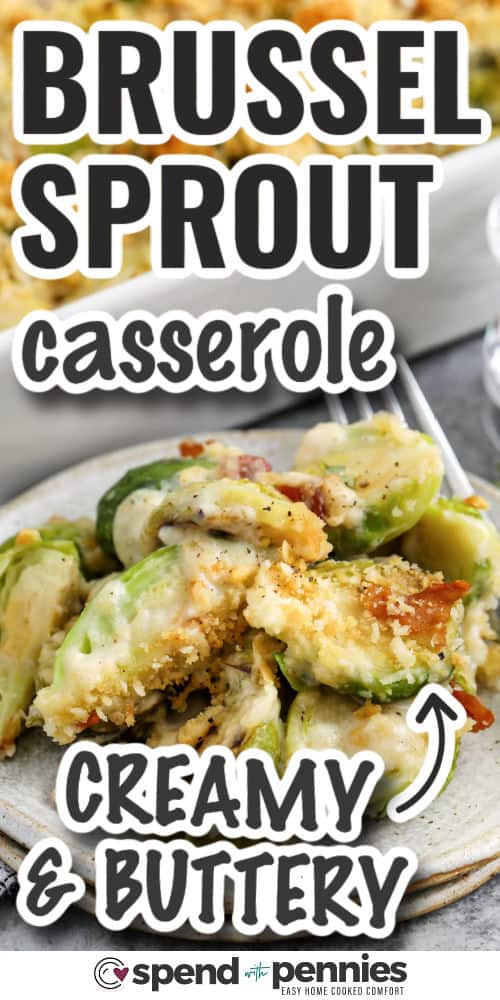 This baked Brussels sprout casserole is a warm and flavorful addition to any Christmas menu. Brussels sprouts are sautéed until lightly browned, then baked with creamy cheese and crisp bacon for extra depth. A buttery crumb topping adds texture and makes this dish feel festive and special. It is a great option for cooks who want something simple yet impressive. #spendwithpennies creamy and buttery Brussels Sprout Casserole with writing