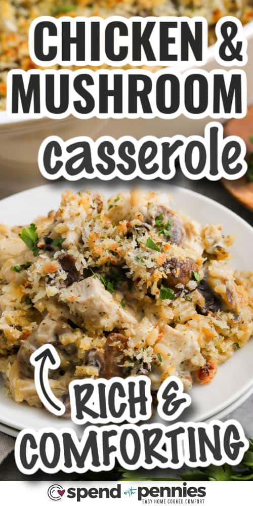 rich and comforting Chicken Mushroom Casserole with writing