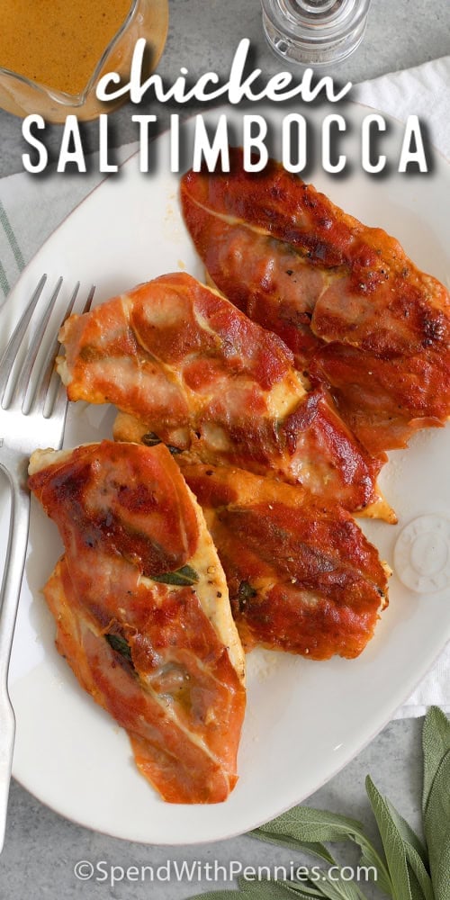 Close up of chicken saltimbocca on a serving plate with a title
