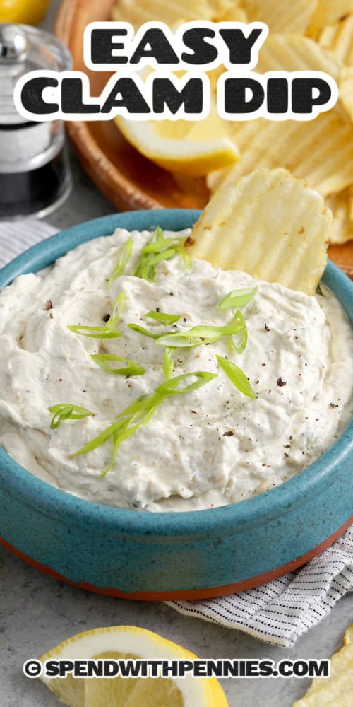 Close up of easy Clam Dip and sliced green onion with text