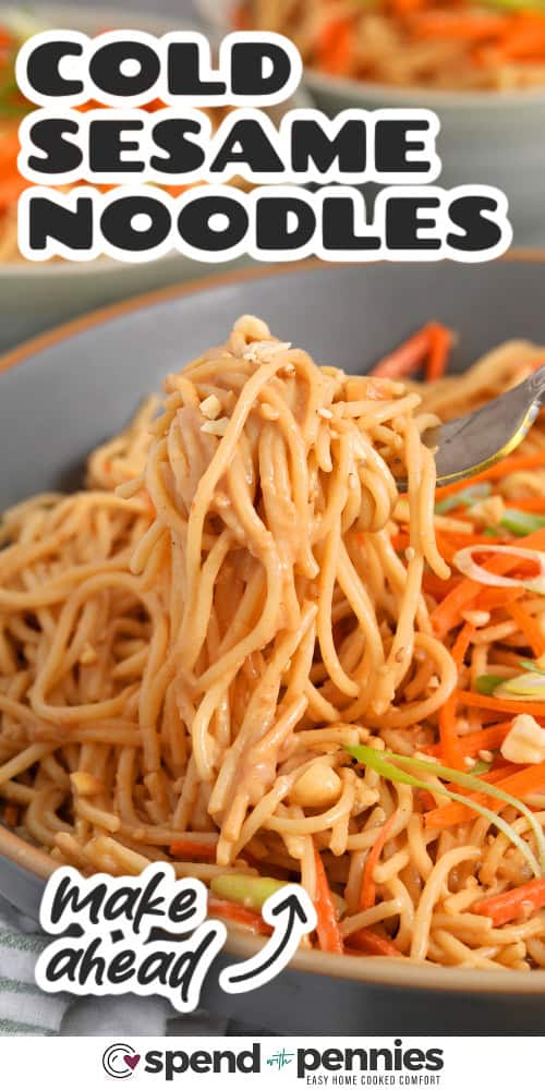 Close up of a forkful of make-ahead cold sesame noodles with writing