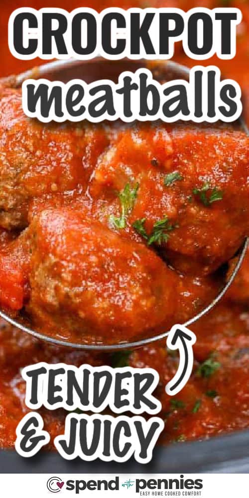 If you want homemade crockpot meatballs with minimal effort, this recipe is the plan. The meatballs are seasoned simply and shaped quickly, then the slow cooker does the rest in a garlicky marinara tomato sauce. This is an easy weeknight dinner for busy days and a smart option for feeding a crowd. Serve over pasta and freeze extra portions for later. #spendwithpennies tender and juicy Crockpot Meatballs in the pot with writing