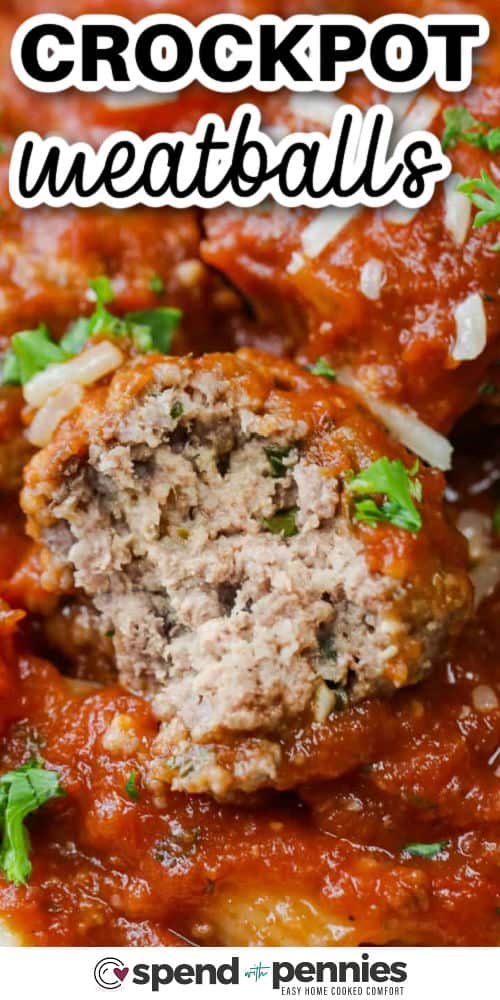 Crockpot meatballs in marinara sauce bring big comfort with very little prep. Parmesan and parsley add savory flavor, while the tomato sauce stays rich and spoonable. These slow cooker meatballs work for spaghetti night, party servings with toothpicks, or meal prep for the week. Make a double batch and freeze meatballs in sauce so dinner is ready with a quick reheat. #spendwithpennies close up of saucy Crockpot Meatballs with a title
