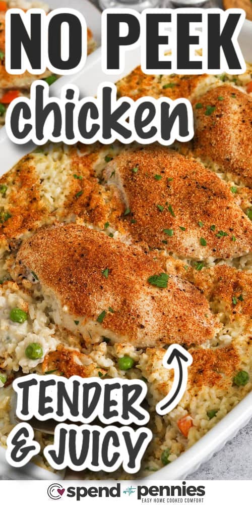 tender and juicy No Peek Chicken with writing