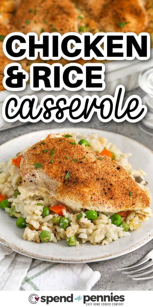 No Peek Chicken in a casserole dish and plated with a title