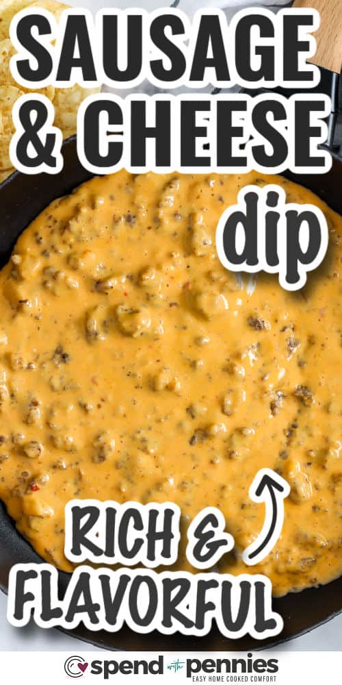 rich and flavorful Sausage Cheese Dip with writing