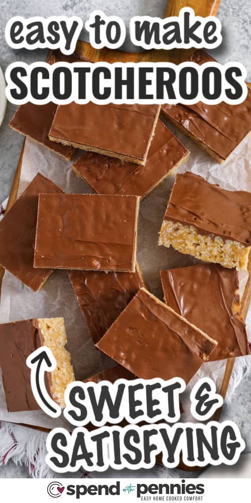 These Scotcheroos combine a sweet peanut butter base with a rich chocolate topping for a nostalgic no-bake dessert. The cereal gives the bars a satisfying crunch while the syrup keeps them chewy. This recipe is perfect for new cooks or anyone wanting a fast treat without turning on the oven. They freeze well, store easily, and make a large batch for sharing or gifting. #spendwithpennies sweet and satisfying Scotcheroos with writing