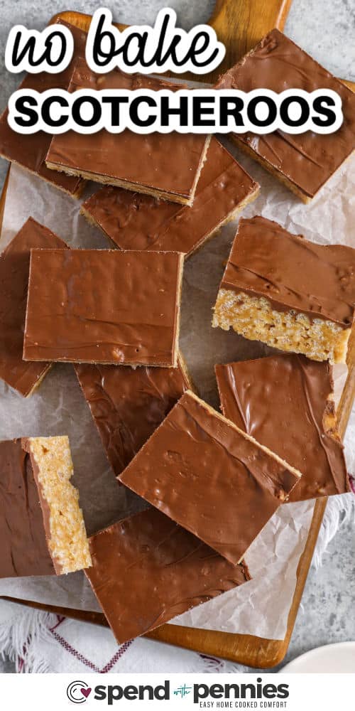 Enjoy the classic flavor of Scotcheroos, a no-bake bar made with crisp cereal and a warm peanut butter mixture. The chocolate-butterscotch topping melts effortlessly and spreads into a glossy layer that sets quickly. These bars are simple, reliable, and delicious, making them perfect for parties or lunchbox snacks. They offer just the right balance of sweetness, chewiness, and smooth chocolate flavor. #spendwithpennies easy no bake Scotcheroos with a title