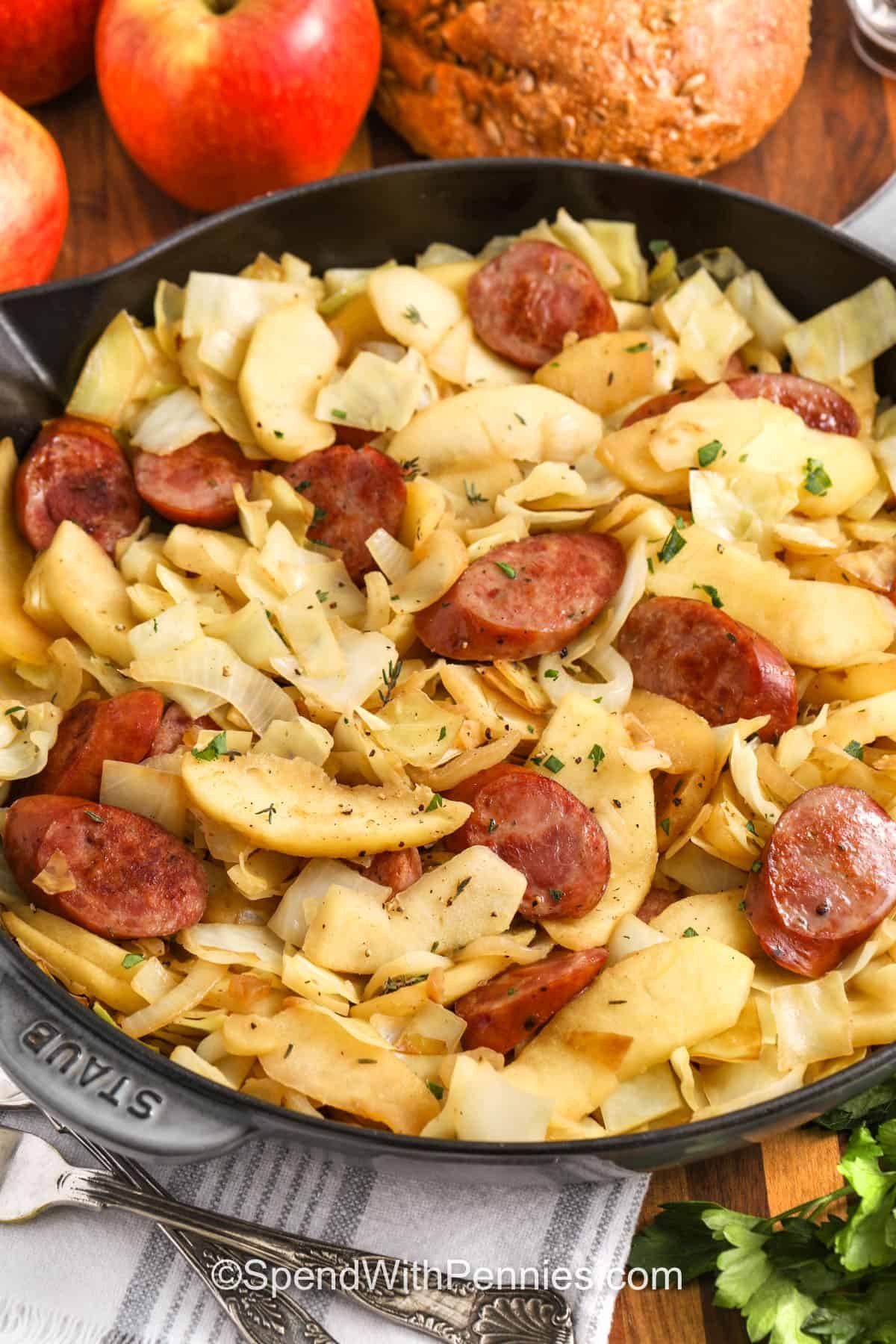 close up of Sausage, Cabbage, and Apple Skillet