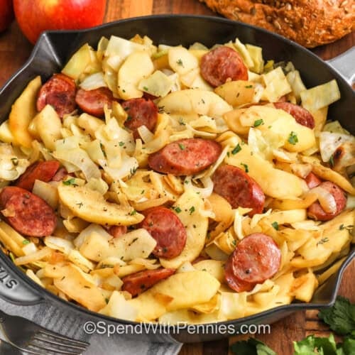 pan full of Sausage, Cabbage, and Apple Skillet