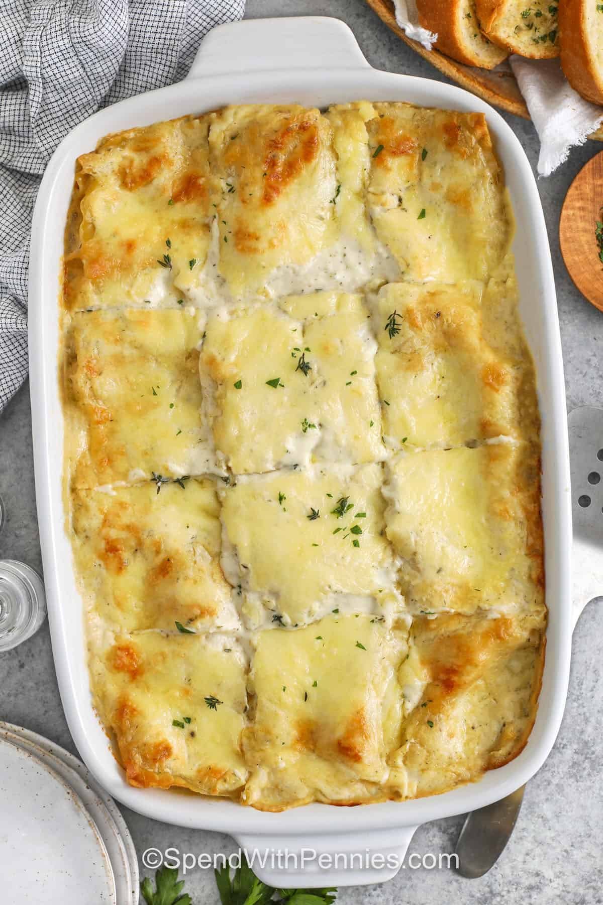 sliced Seafood Lasagna in a casserole dish