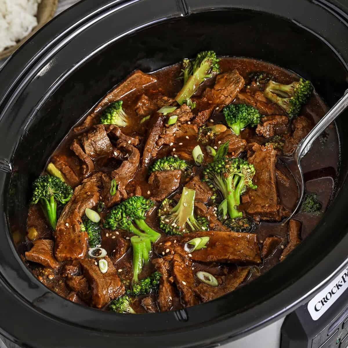 close up of Slow Cooker Beef and Broccoli in the pot