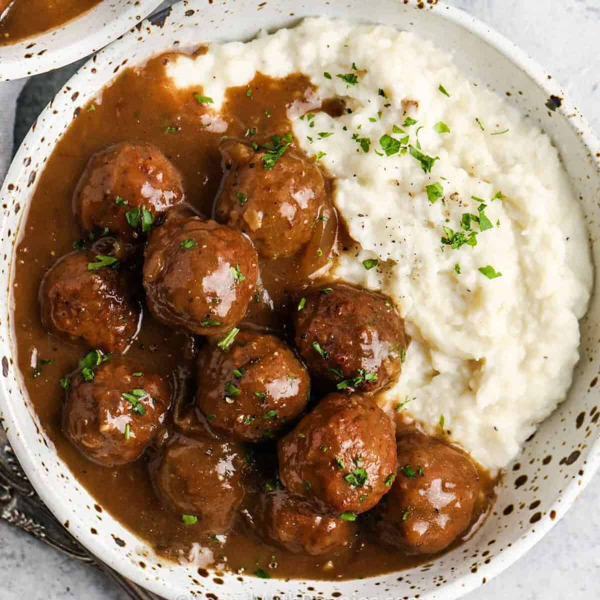 top view of plated Slow Cooker Meatballs and Gravy