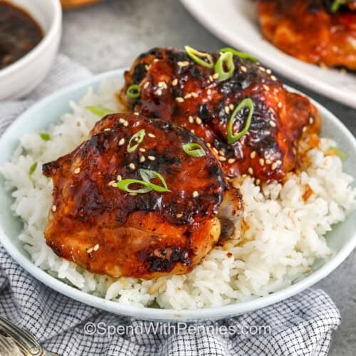 baked sticky chicken thighs on rice with garnish with sesame seeds and green onion