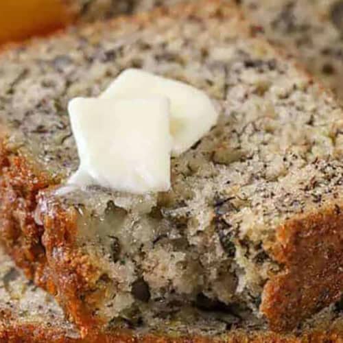 close up of Easy Banana Bread Recipe with butter