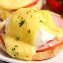 close up of Eggs Benedict on a plate
