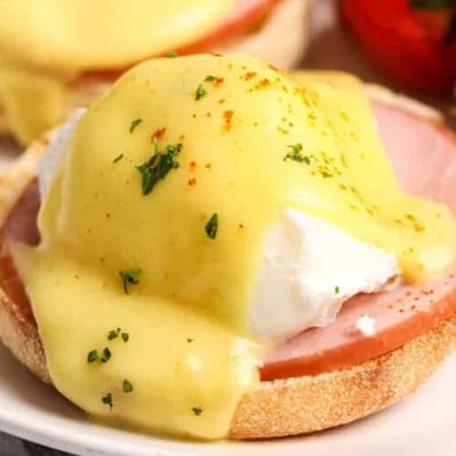 close up of Eggs Benedict on a plate