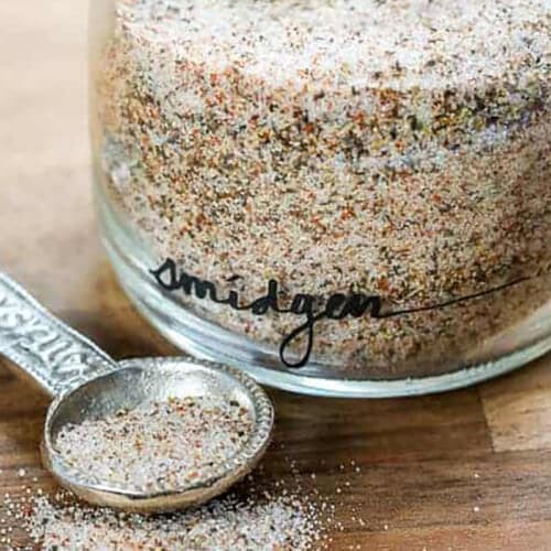 close up of Homemade Seasoned Salt in a jar and in a spoon