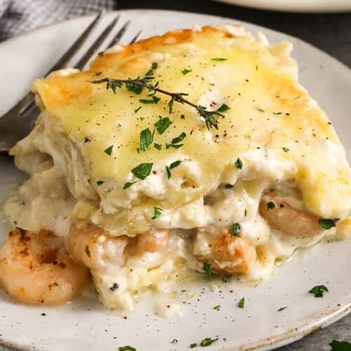 close up of creamy Seafood Lasagna slice