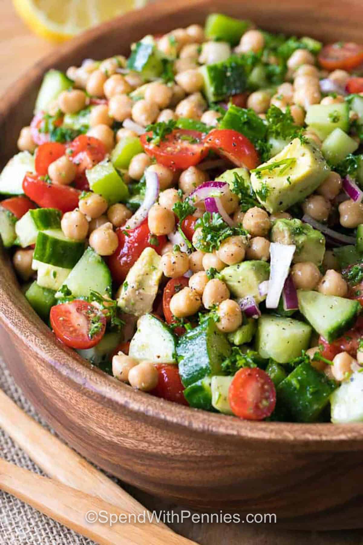 Chickpea Salad in a wooden bowl
