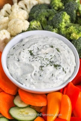 plated dish of Cottage Cheese Dip with veggies