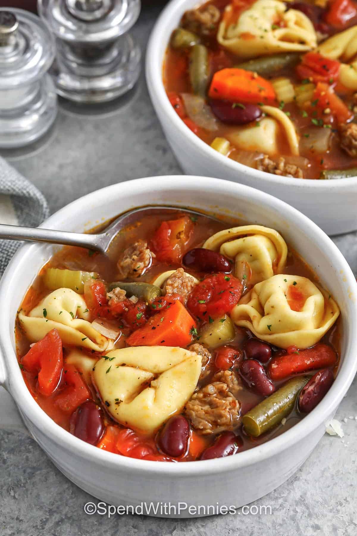 bowls of Crockpot Tortellini Soup
