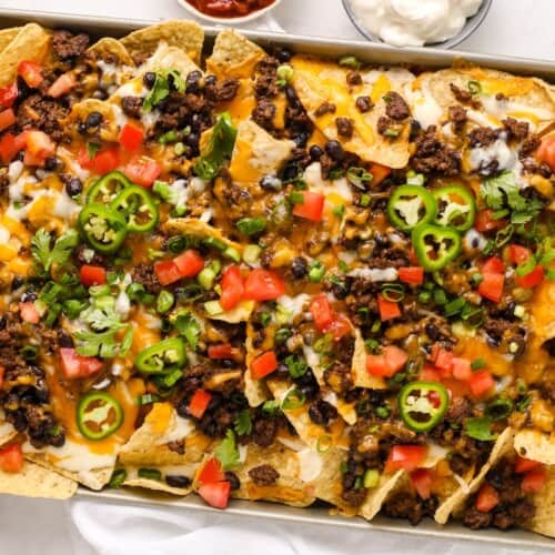 A sheetp pan of nachos
