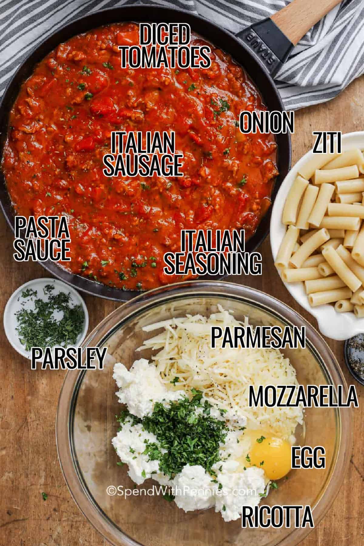 diced tomatoes , italian sausage , pasta sauce , onion , italian seasoning , ziti pasta , parsley , parmesan cheese, mozzarella cheese , egg , ricotta cheese with labels to make Baked Ziti