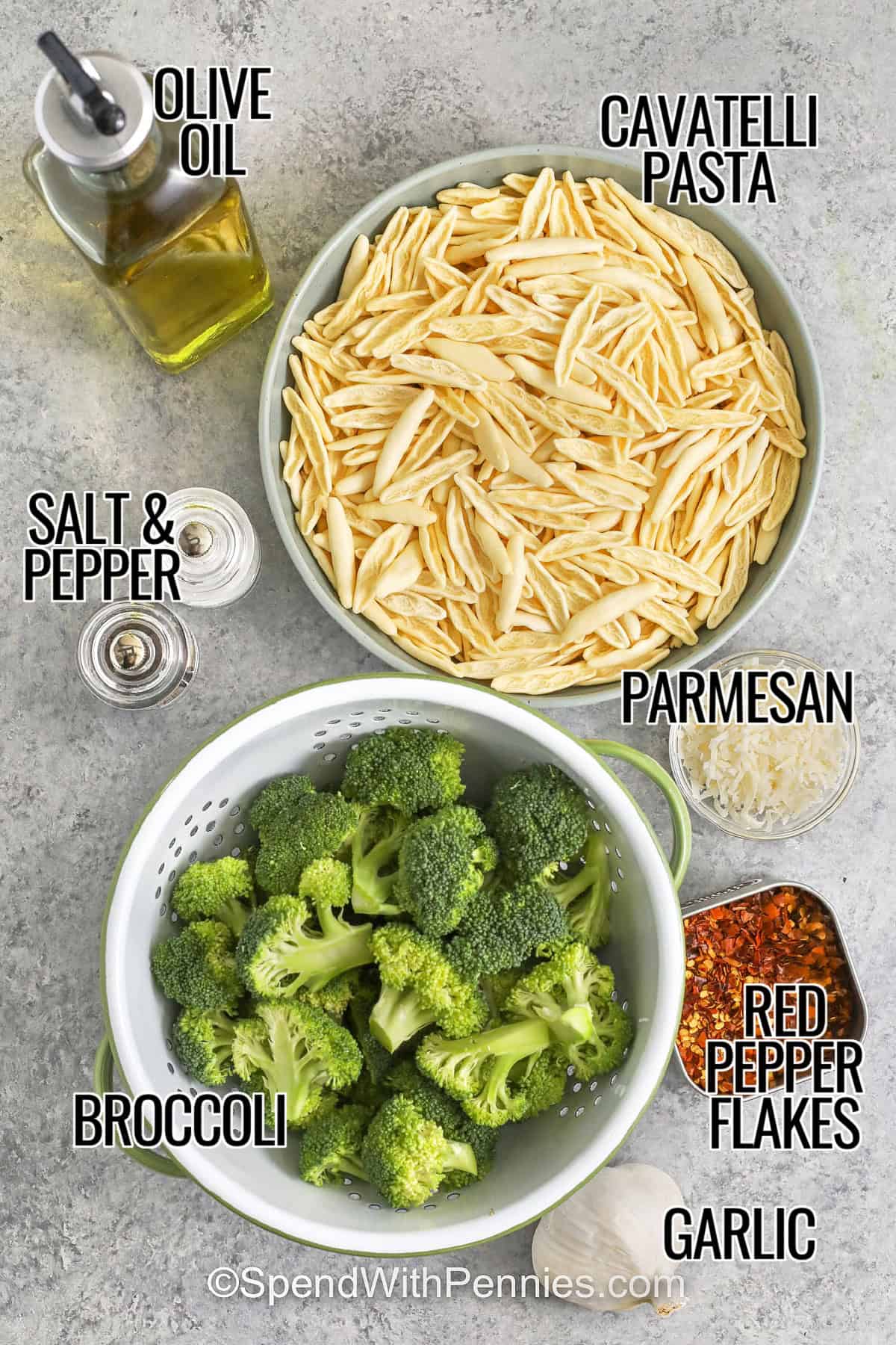 Olive oil , cavatelli pasta , parmesan , red pepper flakes , garlic , broccoli , salt and pepper with labels to make Cavatelli and Broccoli
