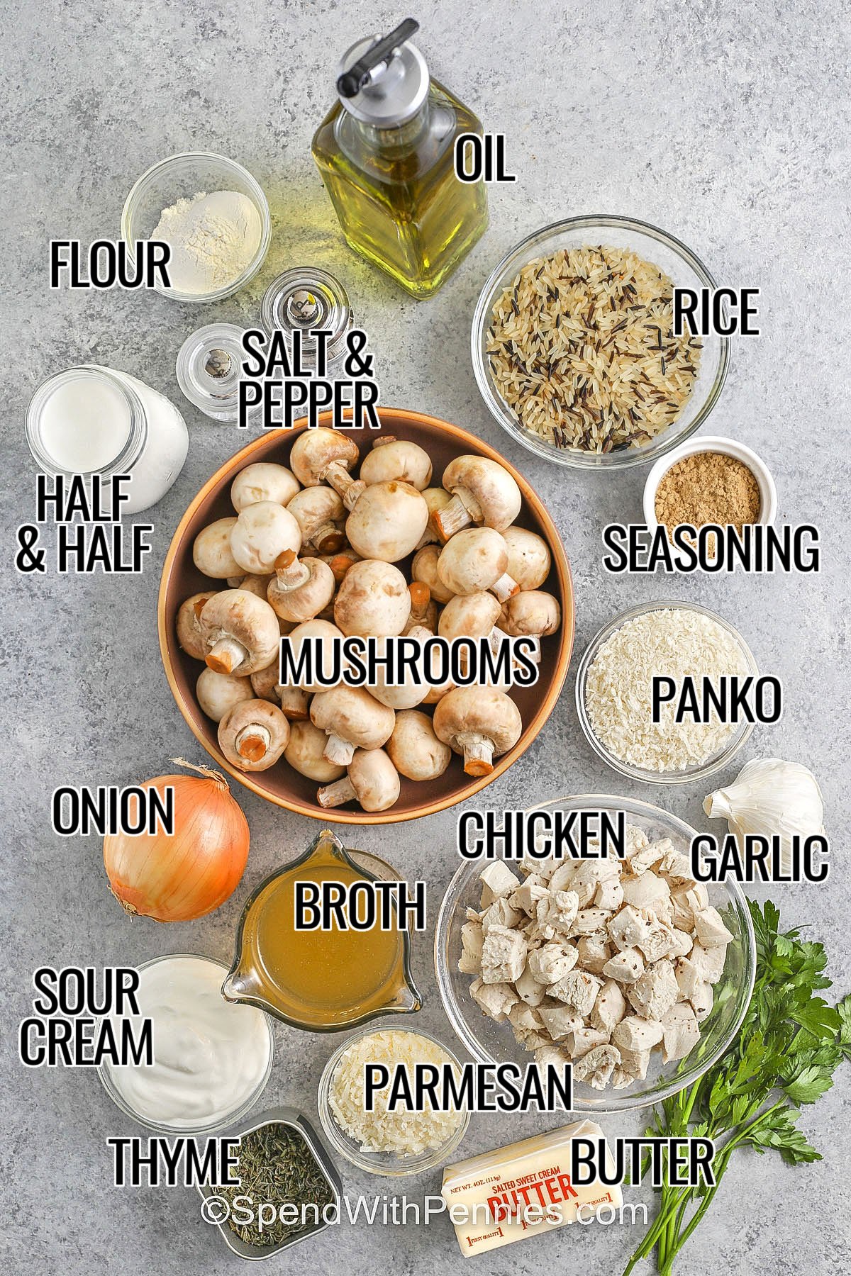 Ingredients to make Chicken and Mushroom Casserole labeled: oil, flour, rice, salt & pepper, seasoning, panko, mushrooms, half and half, onion, sour cream, thyme, broth, parmesan, chicken, garlic, and butter. 