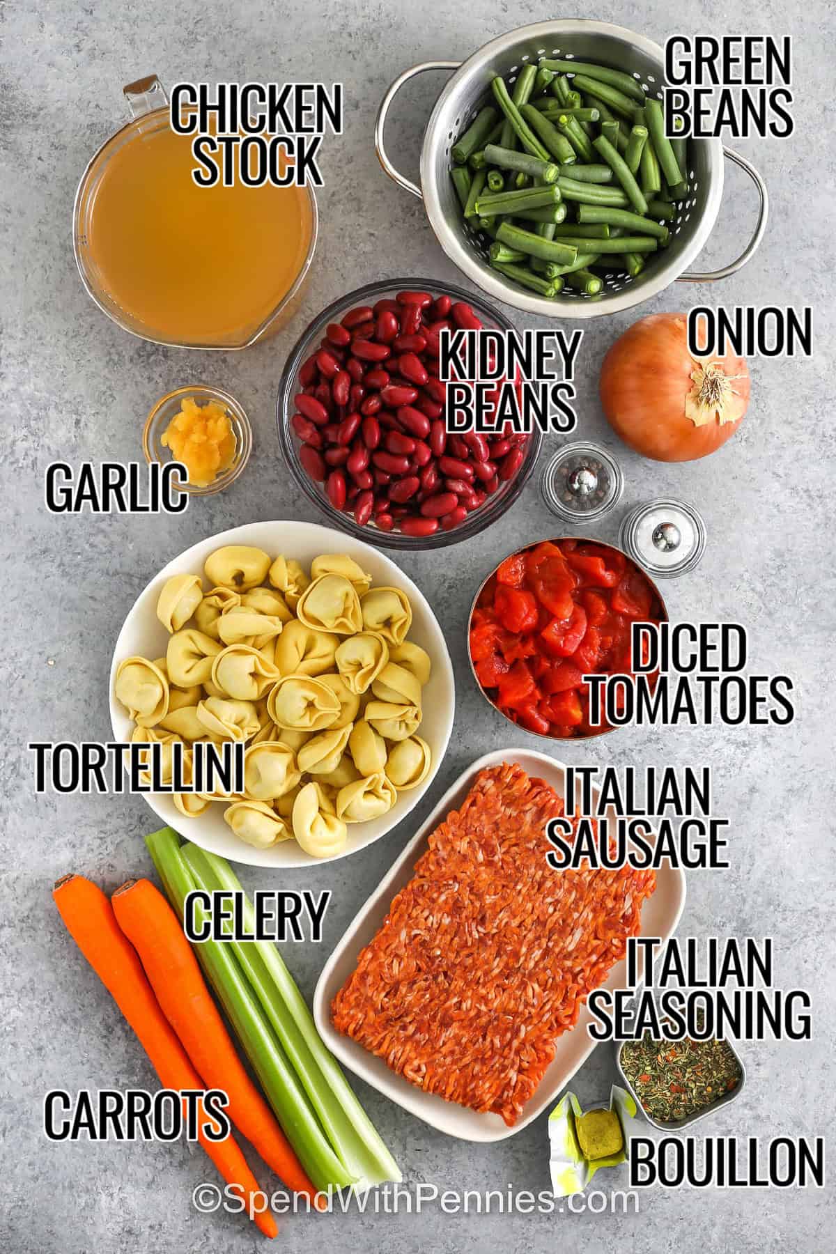 chicken stock , green beans , kidney beans , garlic, onion , diced tomatoes , tortellini , celery , carrots , italian sausage , italian seasoning , bouillon with labels to make Crockpot Tortellini Soup