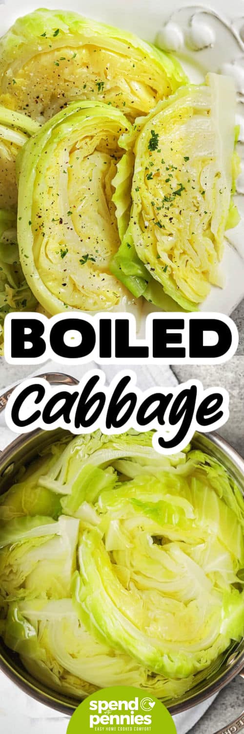 Boiled cabbage with bacon is a classic comfort side that comes together with minimal ingredients. Add bacon drippings or simmer bacon briefly in the boiling water to infuse the cabbage wedges with smoky flavor. Boil until tender, drain thoroughly, then drizzle with melted butter and season with salt and pepper. Serve hot with ham, roasted meats, or corned beef for an easy pairing. #spendwithpennies boiled cabbage on a plate and in a pot with writing