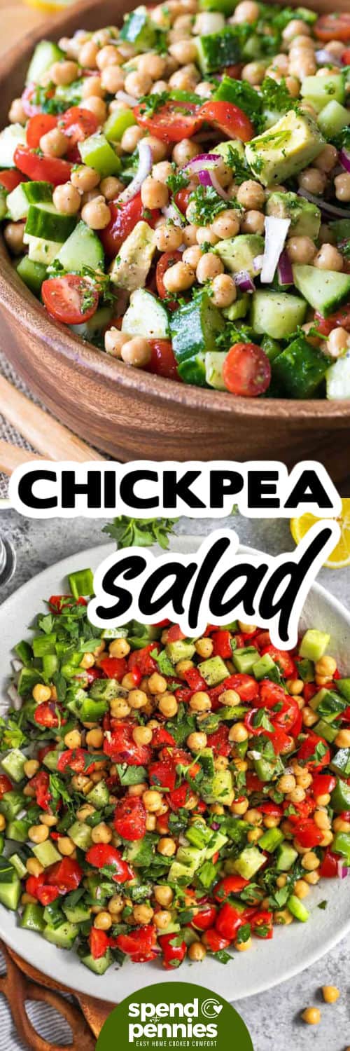 Chickpea Salad in a bowl and top view of plated salad with a title