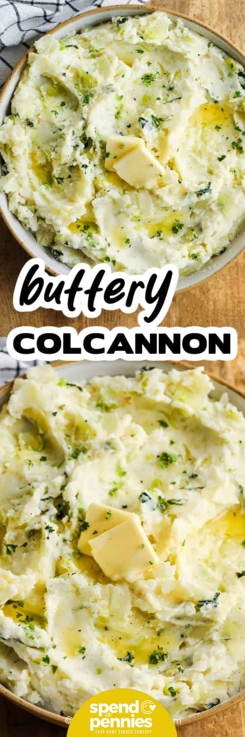 Colcannon Recipe in a dish , bottom photo of dish close up with a title