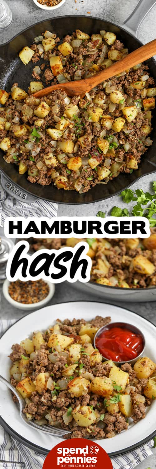 Hamburger Hash in the pan and bottom photo plated with a title