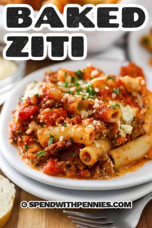 plate of Baked Ziti with a title