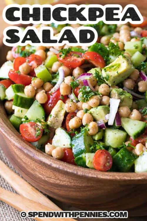 refreshing Chickpea Salad in a bowl with a title
