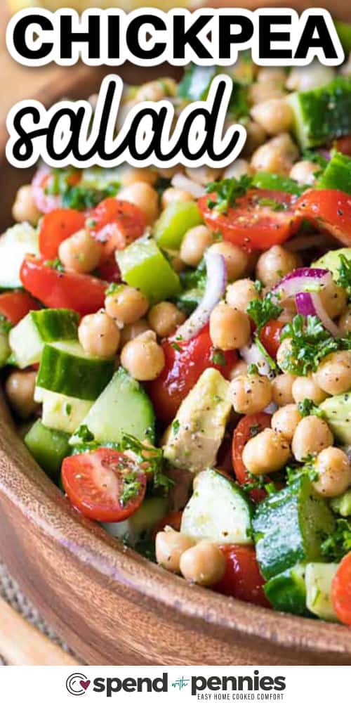close up of fresh Chickpea Salad with a title