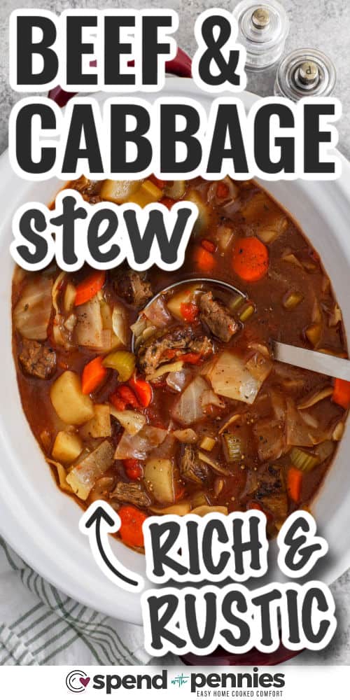 rich and rustic Slow Cooker Beef and Cabbage Stew with writing