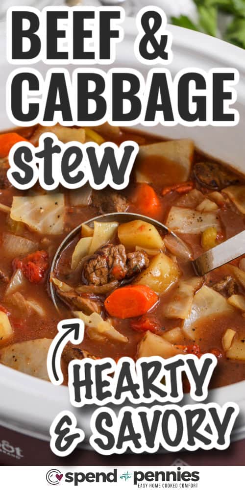hearty and savory Slow Cooker Beef and Cabbage Stew with writing